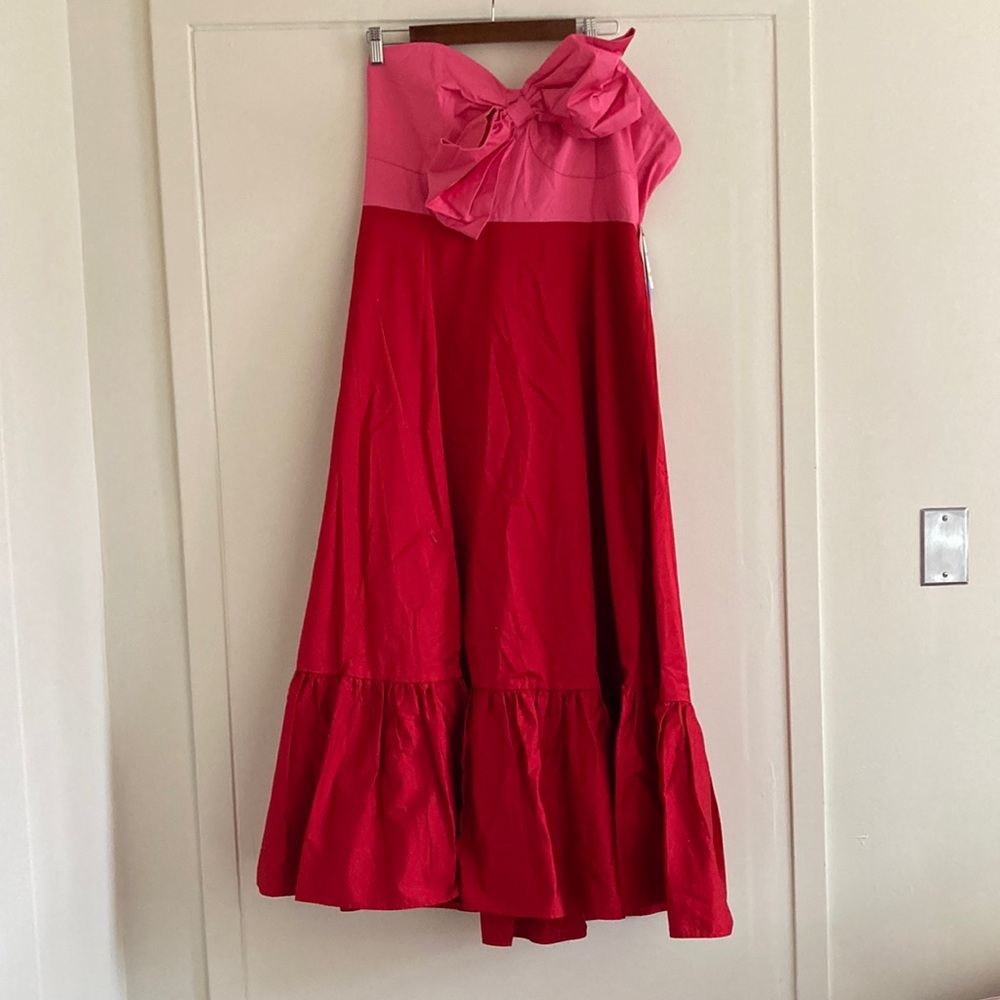 Anthropologie Pink and Red Strapless Bow Dress